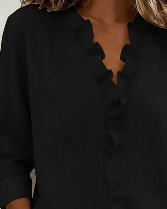 Indie | Blouse with Ruffles, V-Neck and Long Sleeves